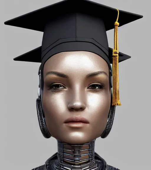 Image similar to a portrait of a extremely intricately detailed beautiful robot wearing on its head a highly detailed perfect render black graduation hat, realism. concept art. unreal engine 5, f / 1. 8, v - ray, ultra hd, 8 k, graduation photo, atmospheric beautiful background and beautiful lighting. hyper realism.