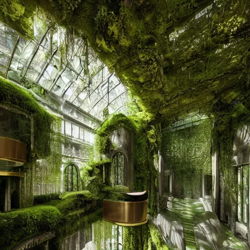 Image similar to a dream about opulent, abandoned overgrown futuristic mansion designed by Zaha Hadid, lush plants growing through the floors and walls, walls are covered with moss and vines, beautiful, dusty, golden volumetric light shines through giant broken windows, golden rays fill the space with warmth, rich with epic details, dreamy atmosphere and drama