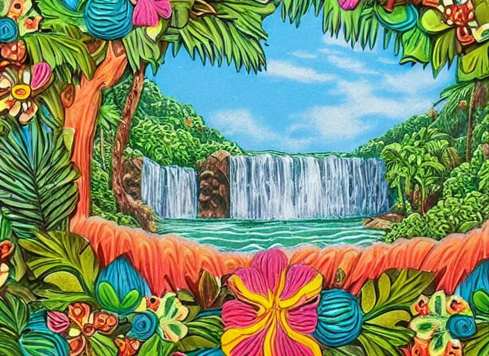 Prompt: colorized stylized bas relief sculpture of a tropical paradise with a waterfall and a detailed ornate frame in mexico folk art style