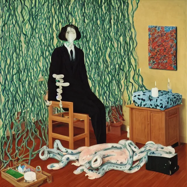 Image similar to a female pathology student in her apartment, wrapped in vines, medical equipment, candles, octopus, first aid kit, pig, black walls, ikebana, black armchair, sculpture, acrylic on canvas, surrealist, by magritte and monet