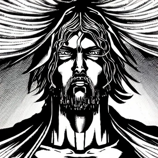 Image similar to detailed manga illustration of christ the redeemer statue as a killer robot, cyberpunk, dark, akira