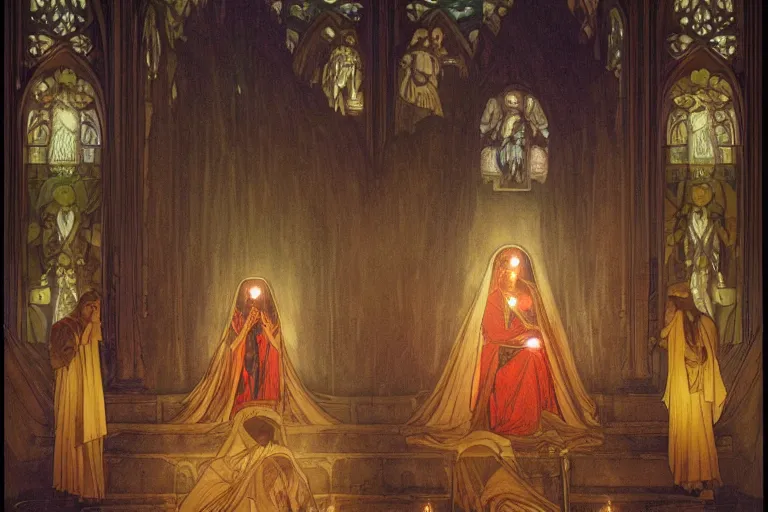 Prompt: inside the sepulchre, dark scene, light coming in from the left, steps leading down, 3 marys crouching in colored robes at the tomb | medium close | fibonacci composition, by artgerm, greg rutkowski, paul bagshaw, alphonse mucha