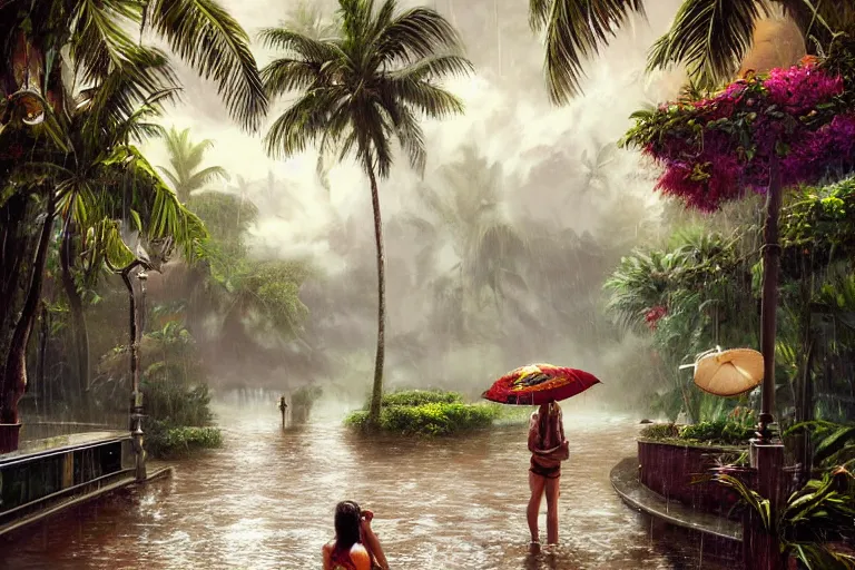 Image similar to ultra realistic illustration, photo, monsoon on tropical island, ornate, beautiful, atmosphere, vibe, mist, coconuts, rain, wet, pristine, puddles, melting, dripping, creek, bridge, forest, roses, flowers, by stanley artgerm lau, thomas kindkade, art gta 5 cover