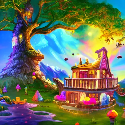 Image similar to fancy treehouse style mansion made of candy in fantasy landscape with ice cream mountains and candy trees, detailed luminescent oil painting 4 k