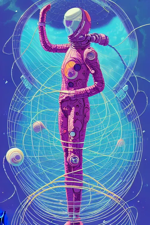 Prompt: crenelated space - suits protect jovial jellyfish girls from certain doom as the planet they orbit sends elastic nets of neuronal fibers at their fleeing spaceships, tristan eaton, victo ngai, artgerm, koons, rhads, ross draws, intricated details, 3 / 4 view, space scene