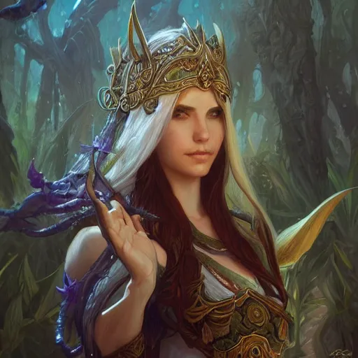 Image similar to world of warcraft elven druid, fantasy, intricate, elegant, highly detailed, digital painting, artstation, concept art, wallpaper, smooth, sharp focus, illustration, art by artgerm and greg rutkowski and alphonse mucha