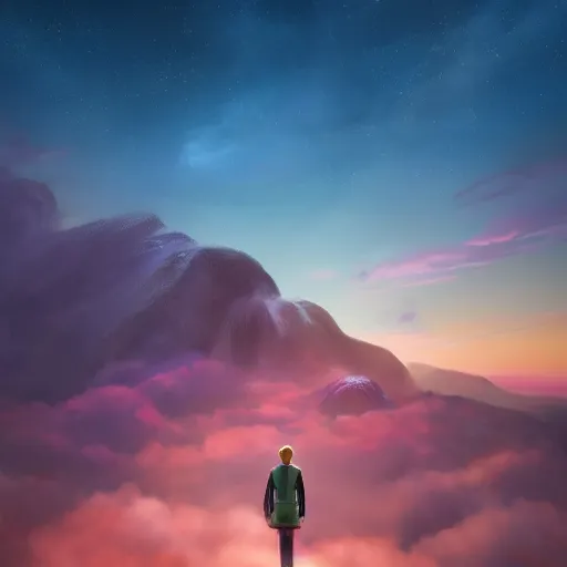 Image similar to young man facing the desperate and endless call of the void, mountain top above clouds, beautiful sunset, unreal 5 render, vivid colors, high detail, studio ghibli, digital art, octane render, beautiful composition, trending on artstation, award - winning photograph, masterpiece