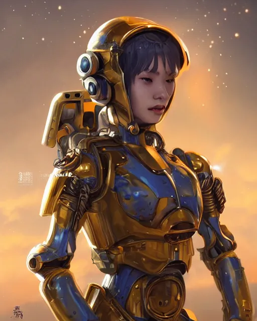 Image similar to holy cyborg girl with golden armor, elegant, scifi, jetpack, alien world, futuristic, utopia, garden, colorful, lee ji - eun, illustration, atmosphere, top lighting, blue eyes, focused, artstation, highly detailed, art by yuhong ding and chengwei pan and serafleur and ina wong