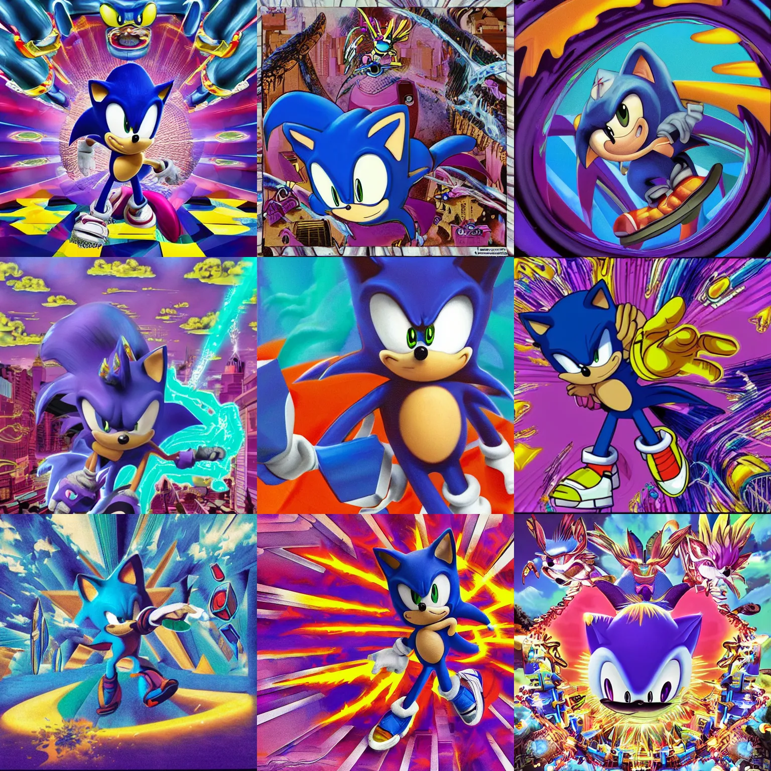 Prompt: sonic the hedgehog in a surreal, sharp, detailed professional, high quality airbrush art MGMT album cover of a liquid dissolving LSD DMT blue sonic the hedgehog flying through vaporwave synthwave, purple checkerboard background, 1990s 1992 Sega Genesis video game album cover