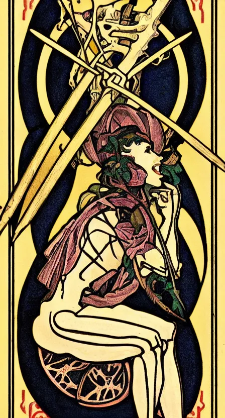 Prompt: a tarot card of a skeleton with a scythe, illustrated in an art deco style by tamara de lempika and an elegant border by alphonse mucha.