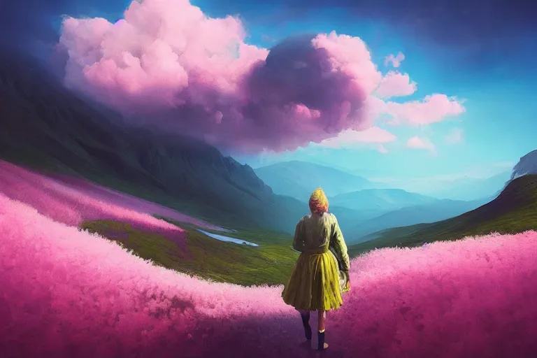 Image similar to giant dahlia flower over head, girl walking on mountain, surreal photography, pink storm clouds, dramatic light, impressionist painting, digital painting, artstation, simon stalenhag
