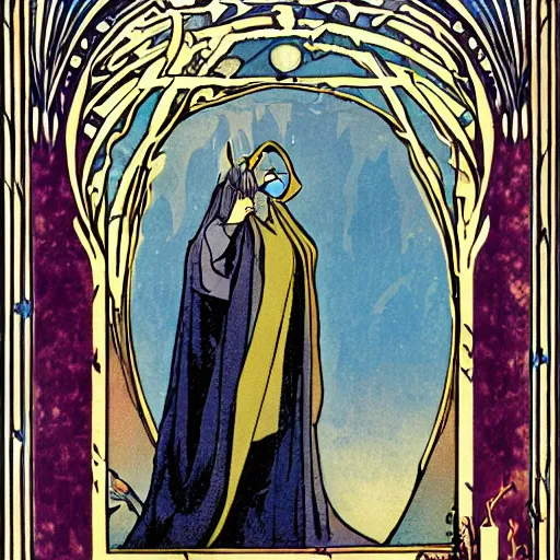 Image similar to a cloaked mage casting a magic spell from her hand toward an ice castle, art nouveau