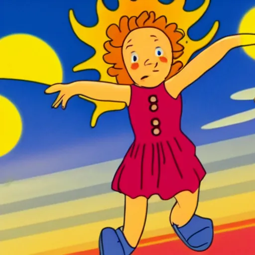 Prompt: screenshot of Ms. Frizzle accidentally ejecting a child into the sun, from The Magic School Bus (1994-1997), animated