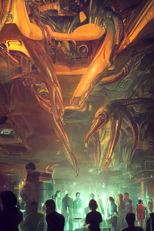 Image similar to Alien tourists from another planet visit a jazz nightclub in Harlem, an epic painting, volumetric lighting, intricate, elegant, highly detailed, digital painting, artstation, concept art, smooth, sharp focus, art by Maciej Kuciara