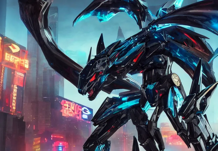 Prompt: cinematic full body shot, 35 foot tall stunning quadrupedal mecha dragon, sharp edged black armor, shining gold accents around the edges, sleek OLED blue visor for eyes, sleek dragon legs, two massive wings that take up the frame, walking in busy neon city streets, epic shot, full body shot, highly detailed art, sci fi, furry, 3D realistic, warframe fanart, destiny fanart, furry art, dragon art, feral art, macro art, furaffinity, DeviantArt, sofurry