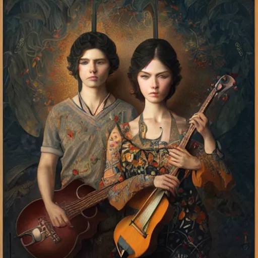 Image similar to ultra realist soft painting of folk musicians playing instruments, symmetry accurate features, very intricate details, focus, artstyle Hiraku Tanaka and Tom Bagshaw, award winning