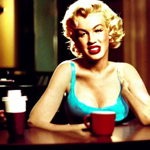 Image similar to a close - up, color cinema film still of a marlin monroe drinking coffee at a starbucks, ambient lighting at night, from matrix ( 1 9 9 9 ).