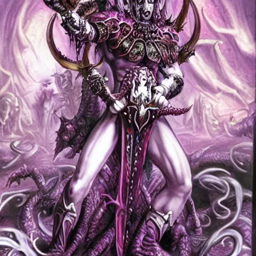 Prompt: Slaanesh, also known as the Dark Prince, the Prince of Pleasure, the Lord of Excess, the Perfect Prince, and Prince of Chaos in the Imperium of Man and She Who Thirsts among the Aeldari, is the Chaos God of pleasure, hedonism, excess and decadence.