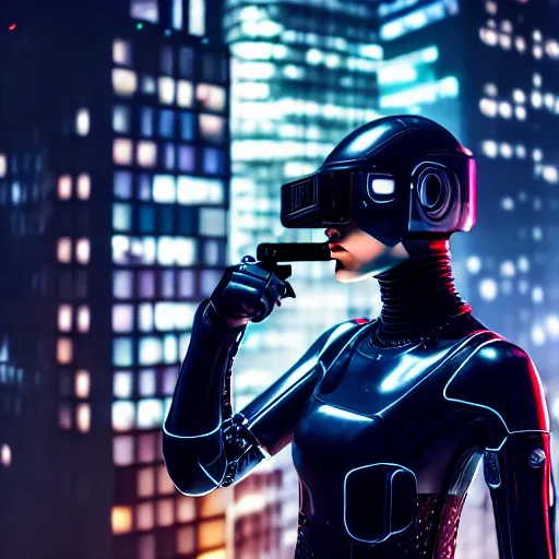 Image similar to cinestill 5 0 d candid photographic portrait of a techwear woman holding a gun on the rooftop of a futuristic city at night, closeup, modern cyberpunk moody emotional cinematic, clear skies, 8 k, hd, high resolution, 3 5 mm, f / 3 2, ultra realistic faces, ex machina