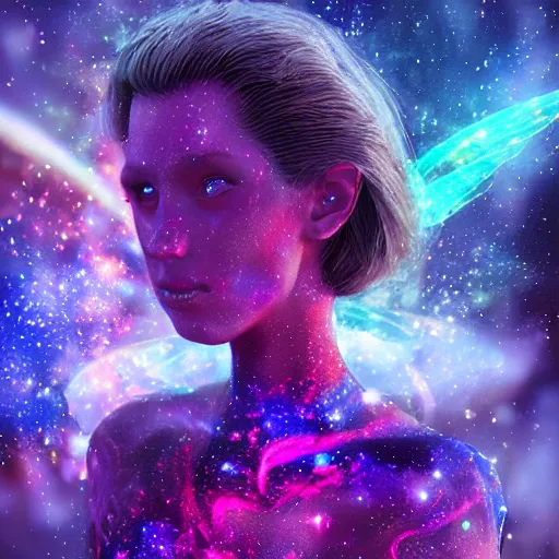 Image similar to portrait of a magical fairy made of galaxies, highly detailed, realistic, octane render, comic book art, space travel, unreal engine, sharp focus, splashes of colors