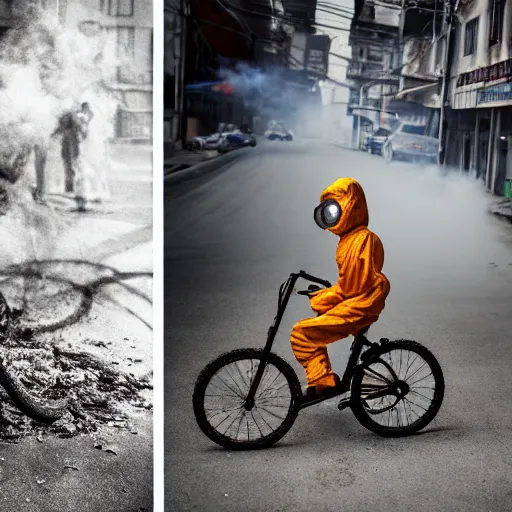 Image similar to a photo of a boy wearing a hazmat suit, riding a bike, side-view, smoke in the background, filthy streets, broken cars. Vines growing. Jpeg artifacts. Full-color photo. Color color color color color. Award-winning photo. Samyang/Rokinon Xeen 50mm T1.5