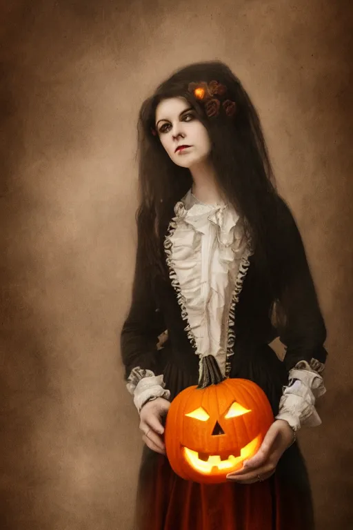 Prompt: women with pumpkin head in Victorian dress, misty, dark, moody, Victorian, wide shoot, cinematic, 35mm photography, Halloween, painting award winning artwork, realistic hair, artstation trend, high quality print, fine art with subtle redshift rendering