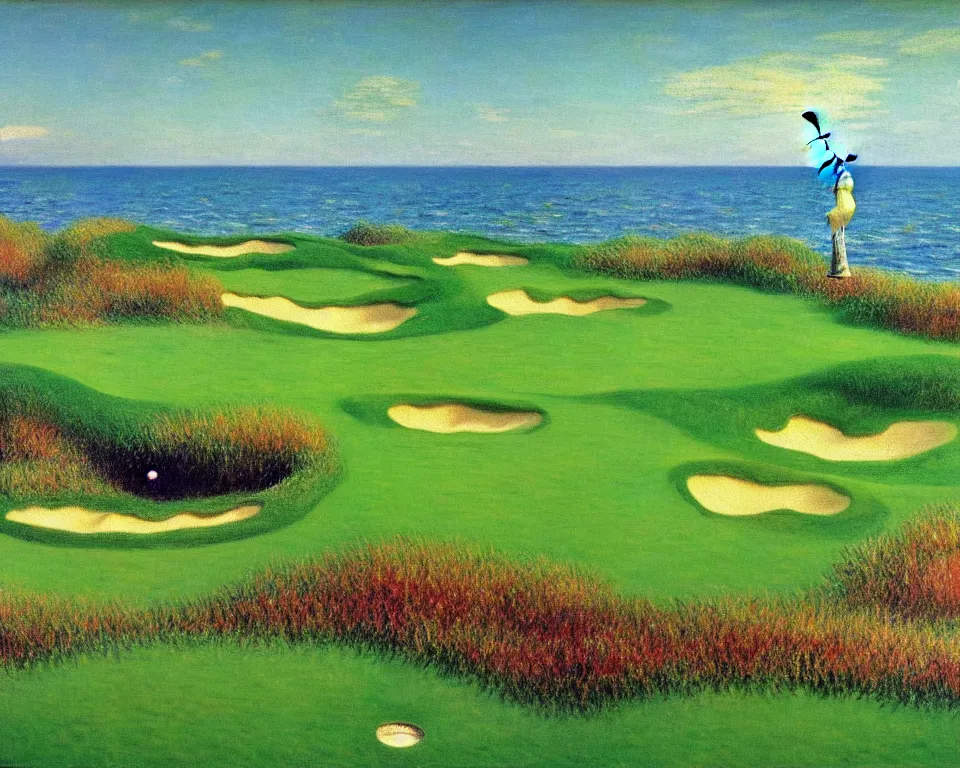 Image similar to achingly beautiful painting of pacific dunes golf course by rene magritte, monet, and turner.