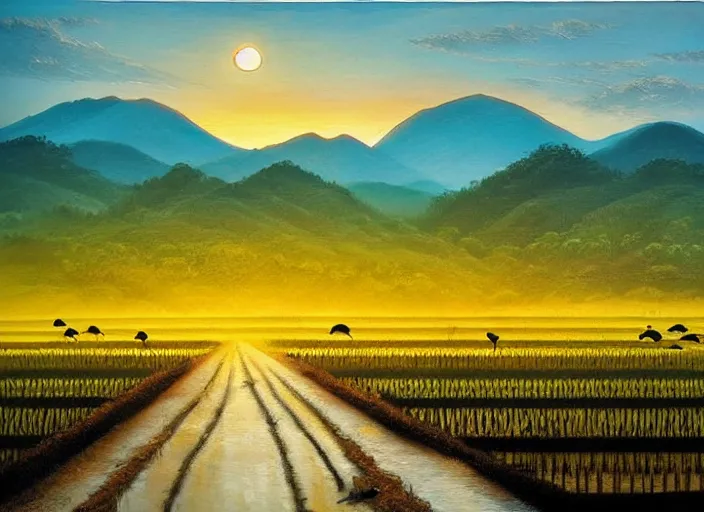 Image similar to a road between rice paddy fields, two big mountains in the background, big yellow sun rising between 2 mountains, flocks of birds in the sky, indonesia national geographic, award winning dramatic painting