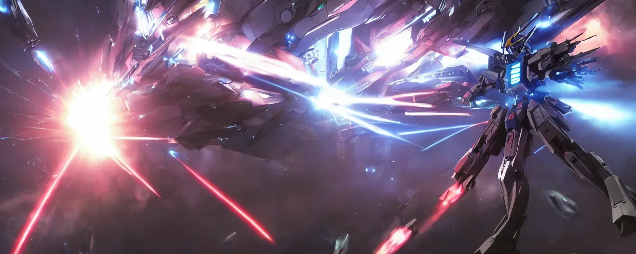 Prompt: concept art, mobile suit gundam in battle, high energy particle beam weapon, dynamic floating gun, multiple missile trajectory, plasma laser sword, giant shield, gunpowder smoke and mecha debris, full of pressure, science fiction, backlight, volumetric light, lightrays, cinematic, atmospheric, octane render, unreal engine, cinematic lighting, intricate details, 8 k.