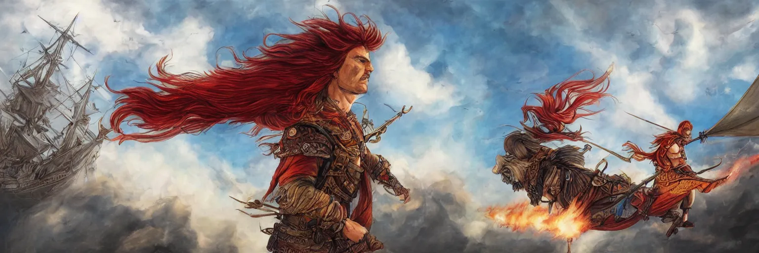 Image similar to colored pencils an epic fantasy comic book style painting of a long haired, red headed male sky - pirate in front of an airship, fine details, concept design, contrast, kim jung gi, pixar and da vinci, trending on artstation, 8 k, ultra wide angle