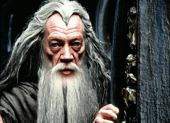 Image similar to gandalf played by lance henriksen stood outside orthanc, style of h. r. giger, directed by david fincher,