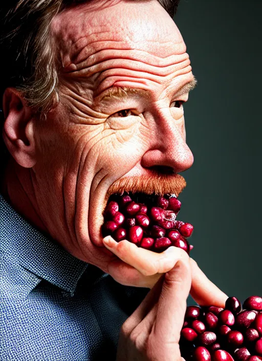 Image similar to bryan cranston bulging cheeks eating cranberries, open mouth filled with cranberries, studio light, bloom, detailed face, magazine, press, photo, steve mccurry, david lazar, canon, nikon, focus