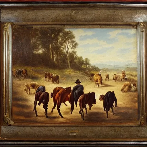 Prompt: a cowboy herding cattle, western art