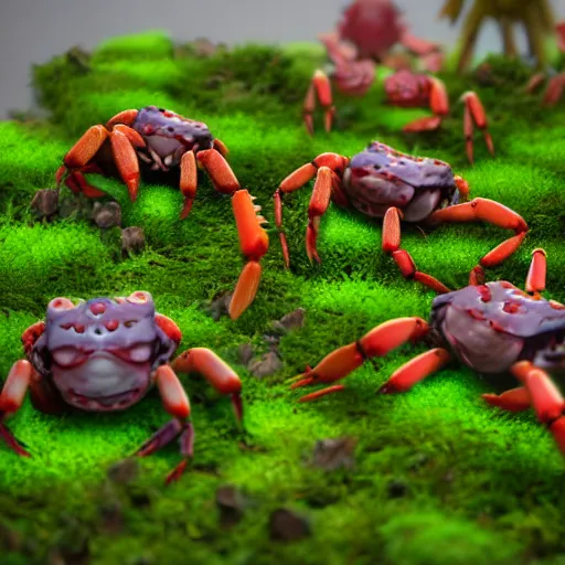 Prompt: large group of crabs and worms, crawling along a bed of moss, low poly, creeper world, handcrafted, artstation, hyperrealistic, hard light, best practices, creeptastic, photorealism, macro perspective, cuddly, Voidless of the Festival!, The Graveyard!!