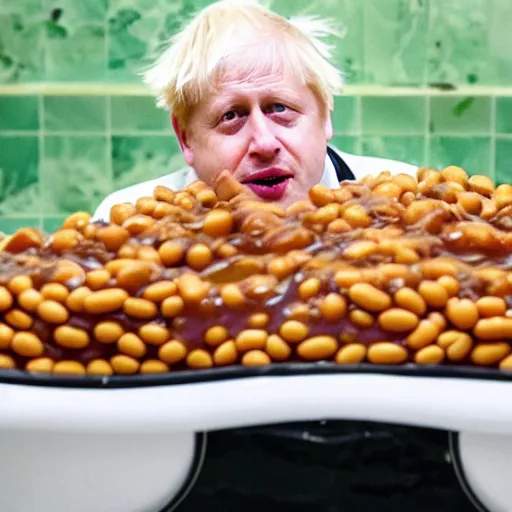 Image similar to Boris Johnson sitting in a bathtub full of baked beans, photograph