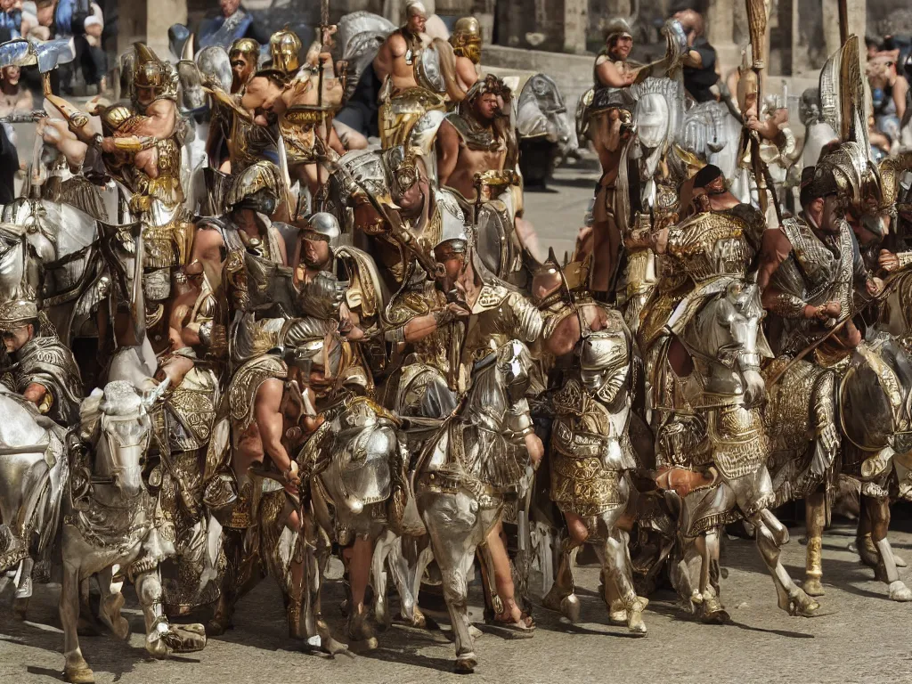 Image similar to Roman legions of Caesar parading in Rome, in the style of Jérôme Bosch, intricate details