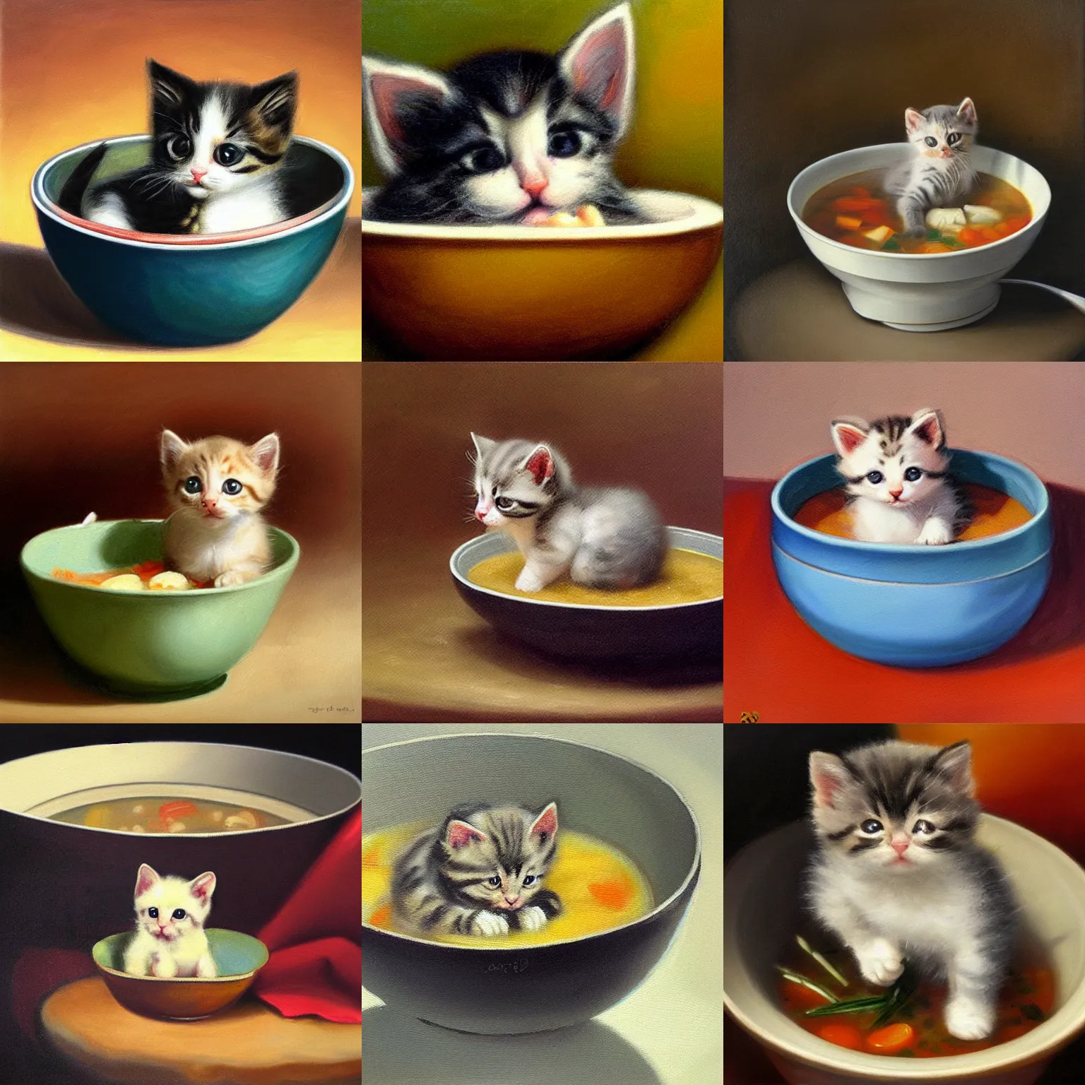 Prompt: a baby kitten inside a bowl of soup, highly detailed oil painting