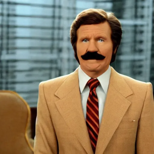 Image similar to a movie still of Alex Trebeck as Ron Burgundy in the movie Anchorman