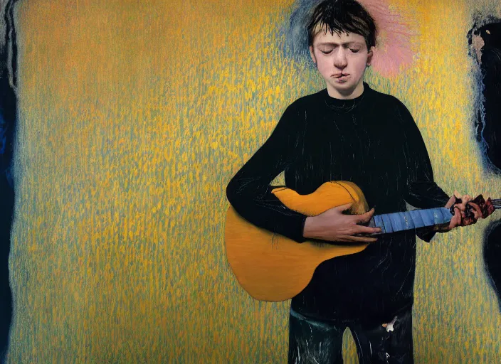 Image similar to portrait of nervous boy with in a room with an acoustic guitar standing next, wall paper field of lily's, vincent lafevre and francis bacon and pat steir and hilma af klint, psychological, photorealistic, dripping paint, washy brush, rendered in octane, altermodern, masterpiece