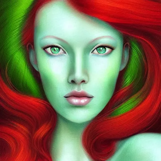 Prompt: an elegant Redhead Pleiadian alien human beautiful hybrid feminine woman, green skin, long gorgeous red hair in loose curls, with stunning green eyes, cute face and a roundish nose, as a retrofuturistic heroine, face and body, gorgeous psychedelic digital painting, artstation, concept art, smooth, sharp focus, illustration, art by artgerm and donato giancola and Joseph Christian Leyendecker, Ross Tran, WLOP