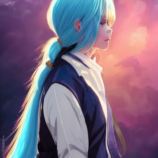 Image similar to side profile of rimuru tempest with sky blue hair, long hair, gold eyes, black jacket with white stripes and a high collar | highly detailed, matte, greek city, professional digital art, concept art, award - winning photography, cinematic, wlop | art by pixiv art, ilya kuvshinov, greg rutkowski, yoshitaka amano