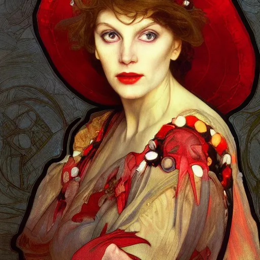 Image similar to A portrait of an evil sorecerer with a red hat by Aphonse Mucha, high detail, 8k