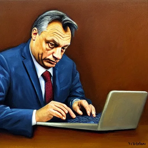 Image similar to viktor orban reading the news on a laptop in a cubicle, oil painting