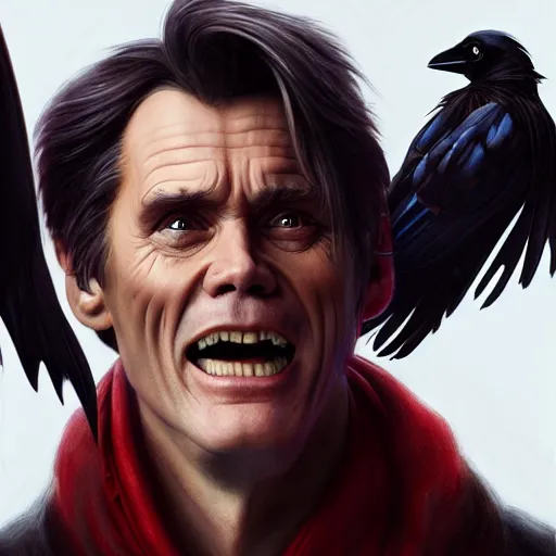 Image similar to jim carrey controlling evil ravens, demonic, evil, satanic, intricate, highly detailed, digital painting, artstation, concept art, smooth, sharp focus, illustration, unreal engine 5, 8 k, art by artgerm and greg rutkowski and alphonse mucha