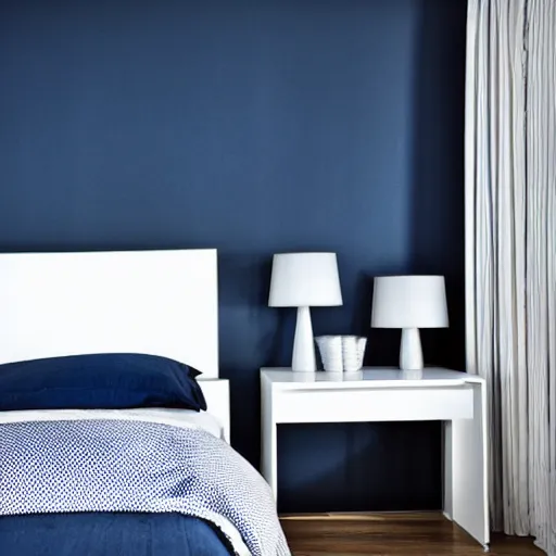 Image similar to designer photograph of minimalist bedroom, colors of blues and grey