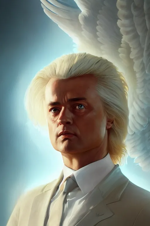 Image similar to geert wilders as an angel, anatomy, bathed in light, highly detailed, photorealistic, artstation, smooth, sharp focus, illustration, unreal engine 5, 8 k, art by artgerm and greg rutkowski and edgar maxence