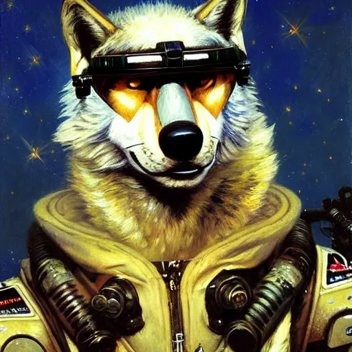 Prompt: a portrait of a wolf dogman canine star pilot. highly detailed painting by gaston bussiere, craig mullins, j. c. leyendecker, furry