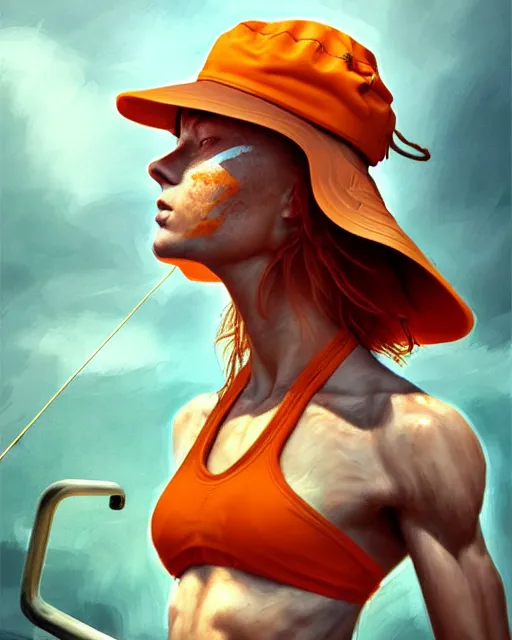 Prompt: muscular female fisherman, perfect face, bucket hat, orange halter top, ginger hair, abs, cinematic, freckles, stunning, athletic, strong, agile, highly detailed, psychedelic, digital painting, artstation, smooth, hard focus, illustration, art by jessica rossier and and brian froud