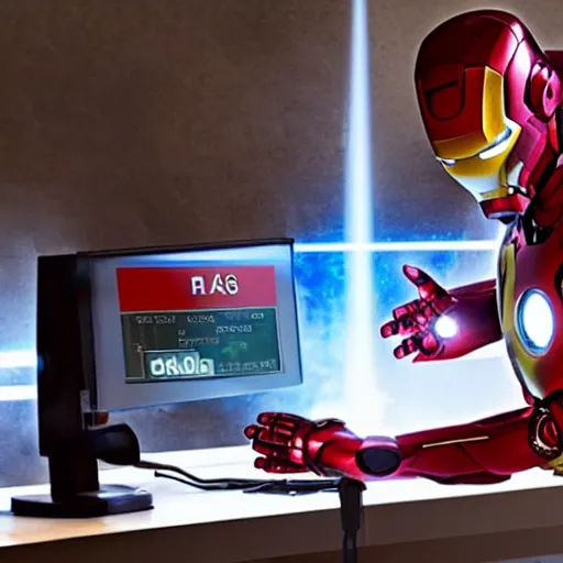 Image similar to Iron Man working as a 7/11 cashier using a red laser scanner, cash register, red laser scanner, wide wide shot, very detailed, beautiful lighting, smoke