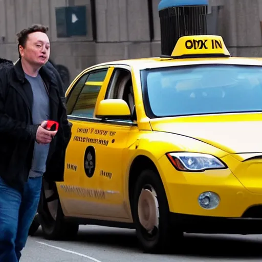 Image similar to golem driving a new york yellow taxi, picking up elon musk at the airport